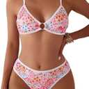 Fanuerg Women's Triangle Bikini Sets O Ring Linked Two Piece Swimsuits Floral Printed Cheeky Bathing Suit, Size Small