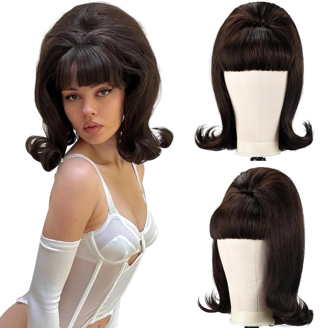 LONAI Retro Brown Wig 50s 60s 70s Wig with Bangs for Women Synthetic Hair for Halloween Costume Party Shoulder Length