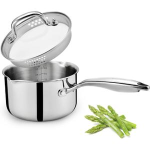 Cyrosa 3.5 Quart Stainless Steel Saucepan with Strainer Lid, Sauce Pot Sauce Pan for Stove Top, Two Side Spouts for Easy Pour, Dishwasher Safe