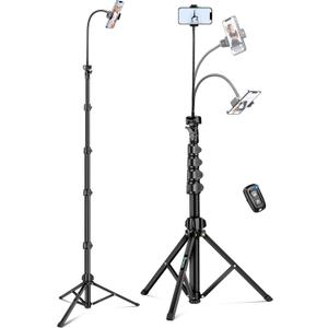 Phone Tripod, 85" Tripod for Cell Phone iPhone with Gooseneck, Aluminum Tripods Stand for Video Recording Photo Vlog, Travel Cellphone Tripod with Remote Compatible with iPhone Android (Black)