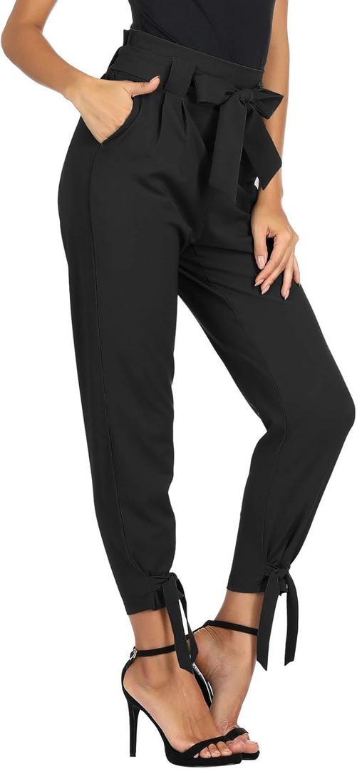 GRACE KARIN Womens Casual High Waist Pencil Pants with Pockets Bow-Knot Cropped Paper Bag Pants for Work (Small, Black)