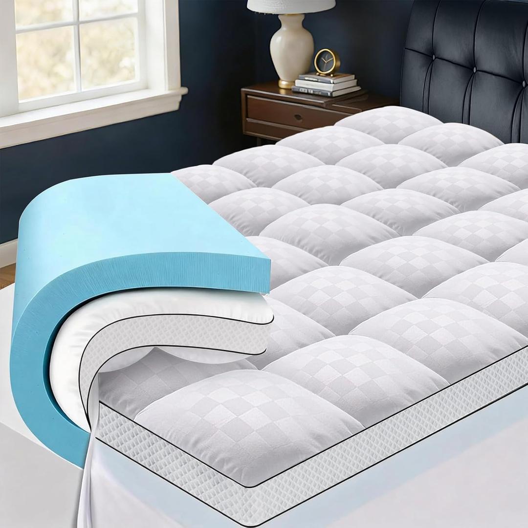 Queen Size Dual Layer 4 Inch Memory Foam Mattress Topper, 2 Inch Gel Memory Foam and 2 Inch Pillow Top Mattress Pad Cover, Thick Soft Bed Topper Medium Support for Back Pain, White