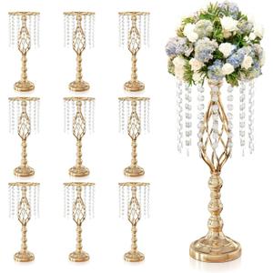 10Pcs 21.5 Inch Gold Wedding Centerpieces Vase Tall Crystal Flowers Stand for Table Elegant Metal Flower Arrangement Vases for Reception Road Lead Birthday Party Anniversary Home Decorations