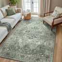 Area Rugs 5'x8' Washable Non-Slip, Floral Vintage Distress Print Pattern Medallion Carpet for Living Room Bedroom Dining Room, Dark Green Gray