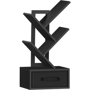 SHEEPAM Small Book Shelf with Drawer, 4 Tier Black Tree Bookshelf, Wooden Desktop Bookcase, Modern Desk Display Storage Bookshelves, Floor Standing Organizer Bookcases for Living Room, Bedroom, Office