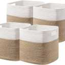 UBBCARE Set of 4 Storage Basket-13 X 13 X 13 in, Cotton Rope Basket for Shelves, Toys, Book, Cube Storage Bins with Handles, Woven Storage Basket for Organizing, White & Jute