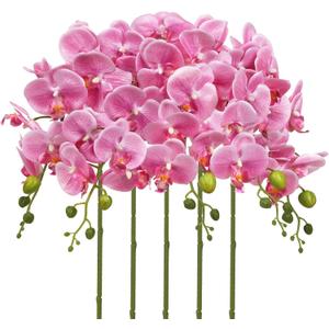 IPOPU Hot Pink Flowers Artificial Orchids 5PCS Sparkly Silk Phalaenopsis Dark Pink Flowers Faux Orchids for DIY Wedding Bouquet Bridal Shower Home Party Decorations (Hot Pink)
