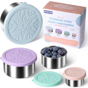 Stainless Steel Containers with Lids - Stackable Toddler Snack Containers, 18/8 Stainless Steel Lunch Box for Kids Adults, Leakproof Metal Food Storage Containers (4Pack: 3oz, 7oz, 13oz, 22oz) (4 Pack(Light Pink, Light Green, Light Purple, Light Blue))