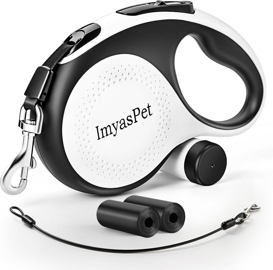 Upgraded Retractable Dog Leash with Chew Proof Extender, Pet Walking Leashes with Poop Bag Holder, 26Ft Heavy Duty Retractable Pet Leash for Medium Large Dogs up to 110lbs, Anti-Slip Grip (White)