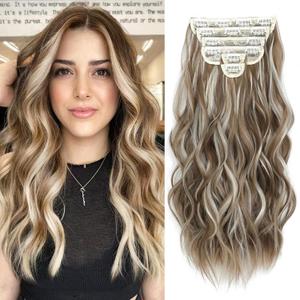 Hair Extensions Clip ins, 6 PCS Wavy Extensions, Light Brown&Ash Blonde Thick Hairpieces, Blends Well Hair Extensions (20Inch, 6PCS, Light Brown&Ash Blonde)