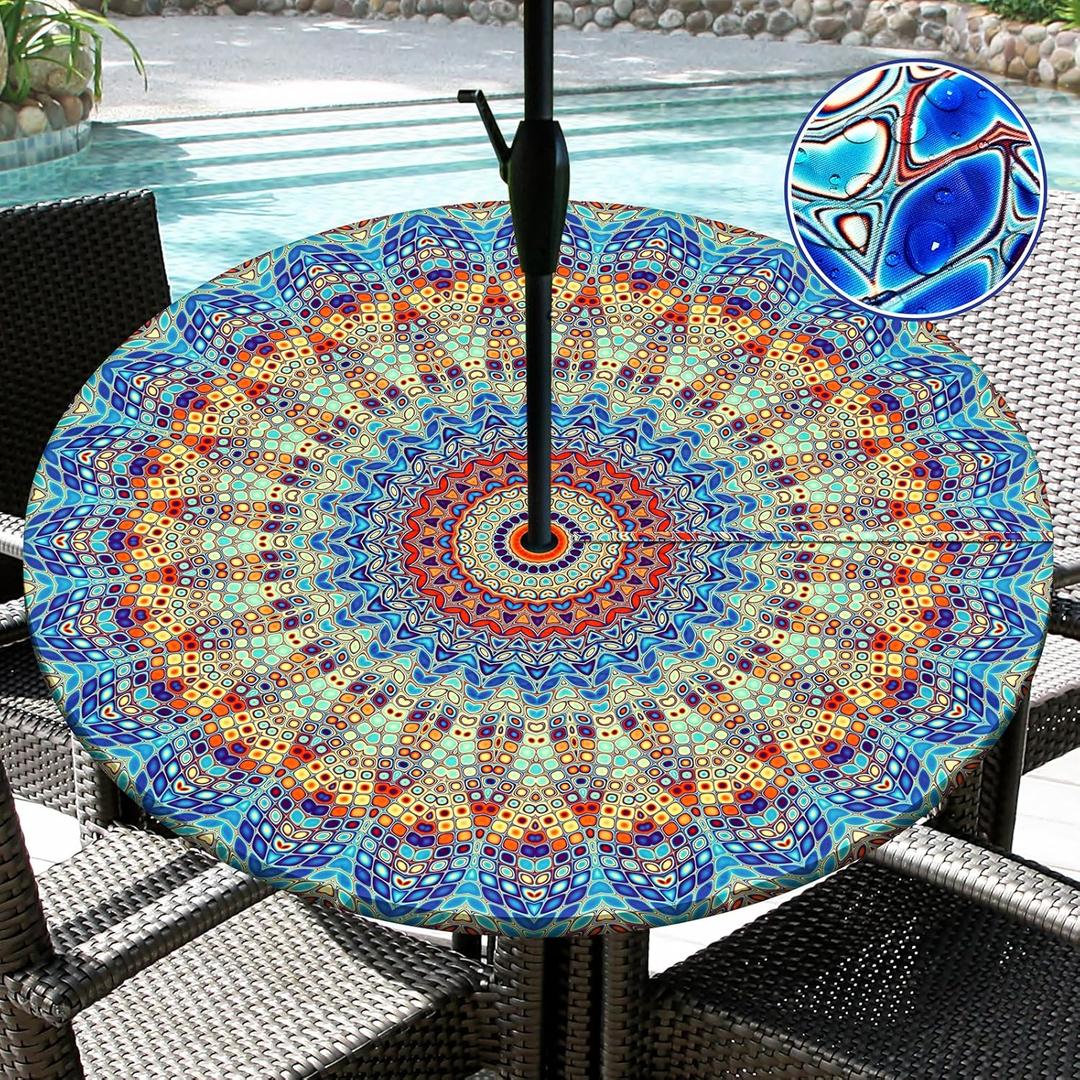 Round Outdoor Tablecloth with Umbrella Hole Waterproof Patio Table Covers Round Fitted Tablecloth with Elastic Zippered Outdoor Table Cloth for Picnic, Camping, Garden