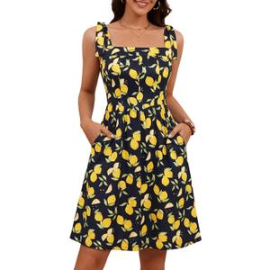 GUBERRY Women's Summer Dress with Pocket Elastic Shoulder V-Waistline Square Neck Mini Cute Floral Sundresses (Black, XL)