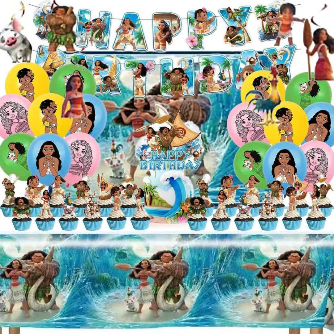 50Pcs Moana Birthday Party Supplies, Birthday Party Decorations Set Include Banner, Backdrop, Balloons, Hanging Swirls, Cake Cupcake Toppers, Tablecloth for Moana Party Decorations