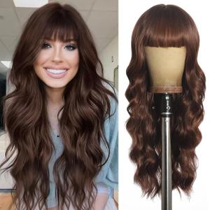Brown Wig with Bangs Long Curly Wig for Women long Chocolate Brown Wavy Wigs skin-friendly synthetic fibersc for festival holiday Use 26IN