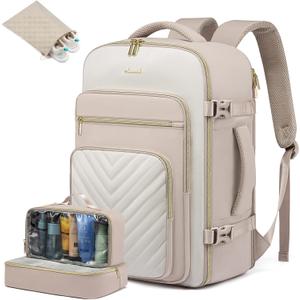 LOVEVOOK Large Travel Backpack for Women, Carry On Bag Flight Approved, 40L TSA Personal Item Travel Bag with 3 Packing Cubes, Waterproof 17 Inch Laptop Hiking Casual Backpack (Beige & Apricot-a)