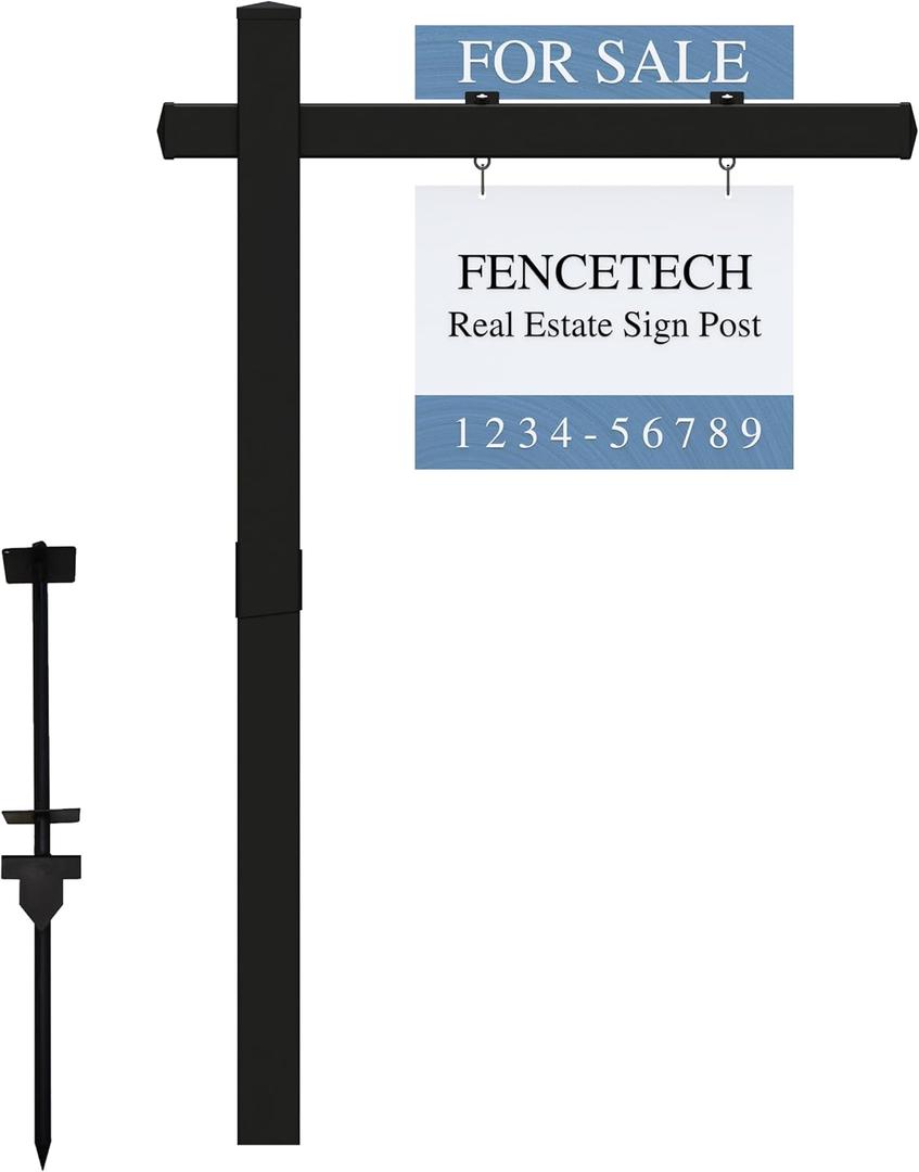 Vinyl PVC Real Estate Sign Post 6' Tall, Realtor Yard Sign Post (Connected type), 47" Arm Holds Up to 36" Sign - Black (No Sign)
