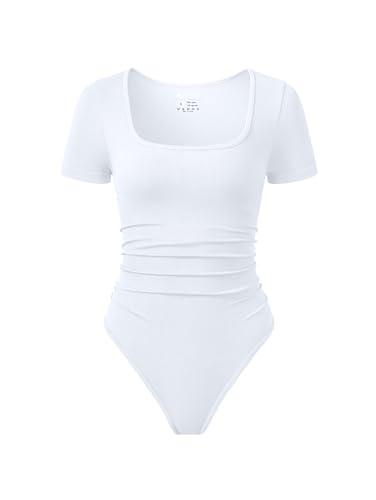 OQQ Women Bodysuits Ruched Short Sleeve Square Neck Stretch Lounge Travel Bodysuits White, M