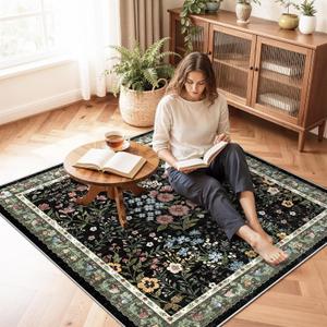 4x4 Square Entry Rug Entryway Foyer: Non-Slip Floral Washable Rugs for Living Room Indoor Floor Kitchen Bedroom - Soft Thin Doormat Carpet Boho Vintage Home Decor (4ft Square, Black)