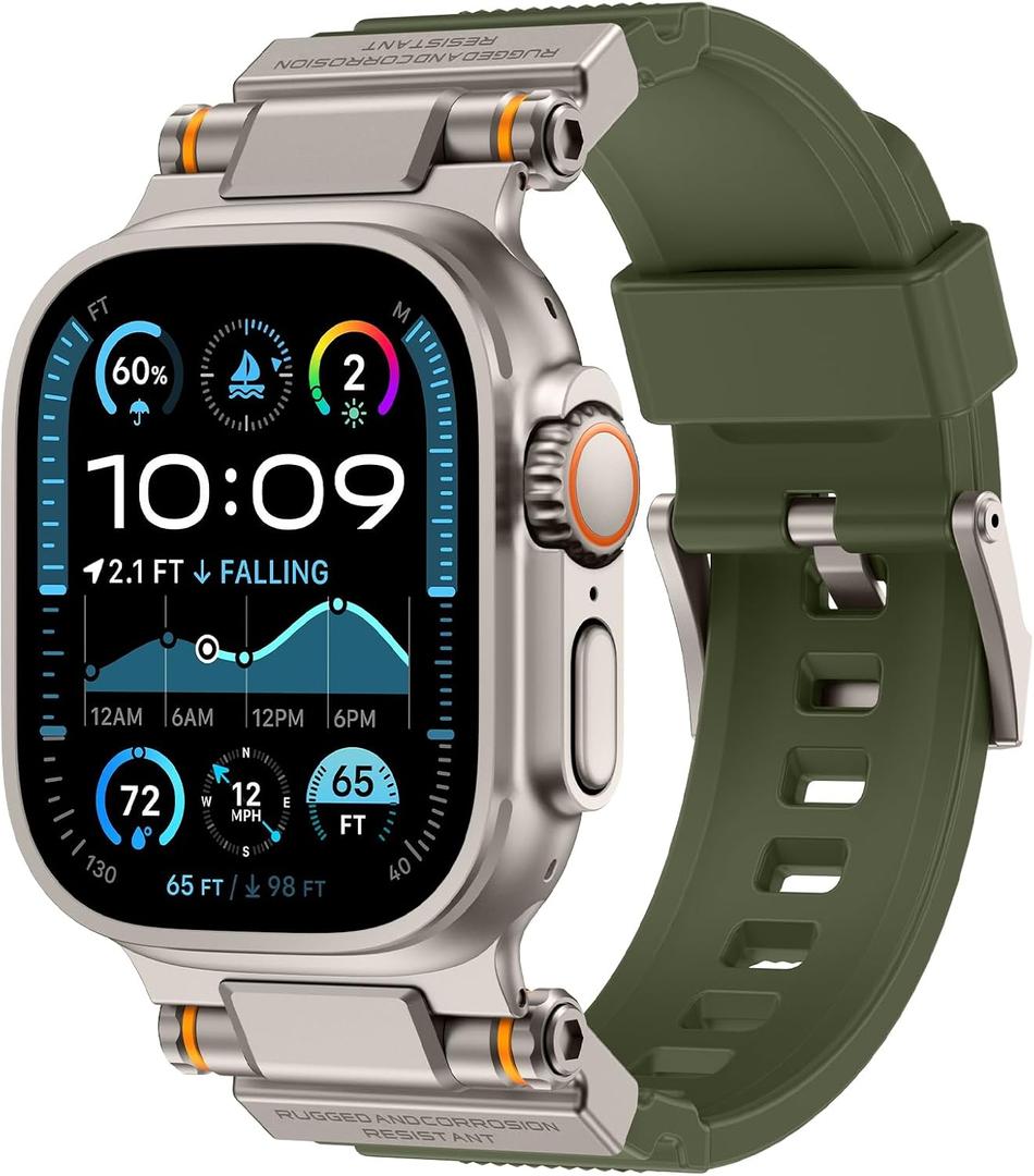 Band Compatible with Apple Watch Ultra 3/2/1 Band 49/46/45/44mm | Metal Connector with Silicone Rugged Strap for iWatch Ultra Series 11/10/9/8/7/6/SE3/SE2/SE/5/4/3/2/1, Army Green/Titanium