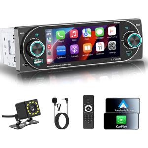 Wireless Single DIN Car Stereo Apple CarplayDual Knobs & HD Touchscreen Radio for Car Bluetooth 5.3 Car Play Android Auto, 60W x 4 Output, AM/FM RadioUSB,SWC, Backup Camera 6181A