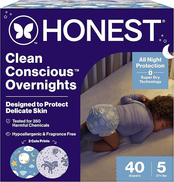 The Honest Company Comfort Dry Overnight Diapers, Up to 12 Hours Protection, Hypoallergenic, Cozy Cloud + Star Signs, Club Box Size 5 (27+ lbs), 40 Count