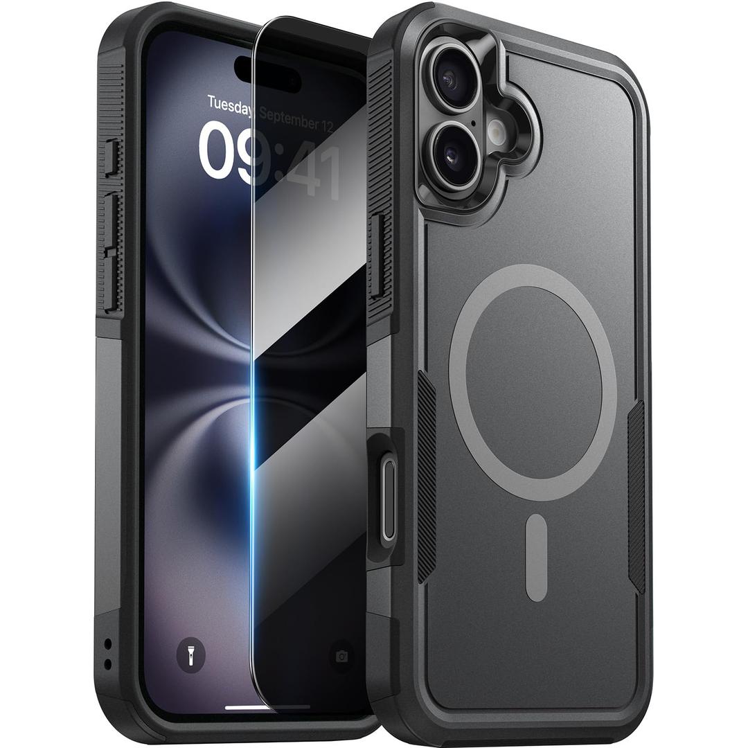 Diaclara Designed for iPhone 16 Case, [with Privacy Screen Protector] [Anti Spy] [Military Grade Drop Protection] Heavy Duty Full-Body Shockproof Phone Case, Magnetic Black