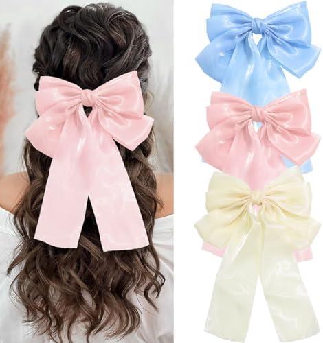 SAWINDA 3PCS Hair Bow Clips Pink Hair Ribbons Luster Chiffon Bowknot Hair Clips Hair Ribbon Ponytail Cute Aesthetic Hair Accessories Metal Clips Barrettes for Women and Girls