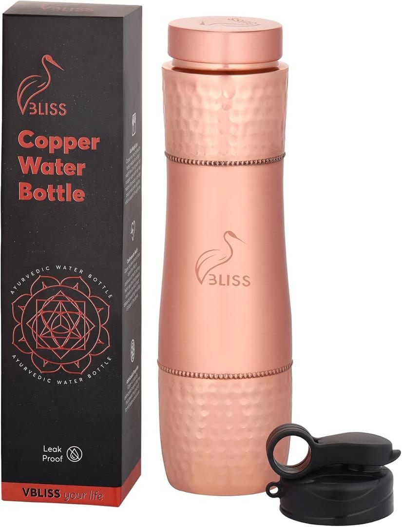 VBLISS 100% Pure Copper Water Bottle  32 oz Leak-Proof, Ayurvedic Health Benefits, Eco-Friendly, BPA-Free Copper Drinkware for Travel, Sports, and Everyday Use