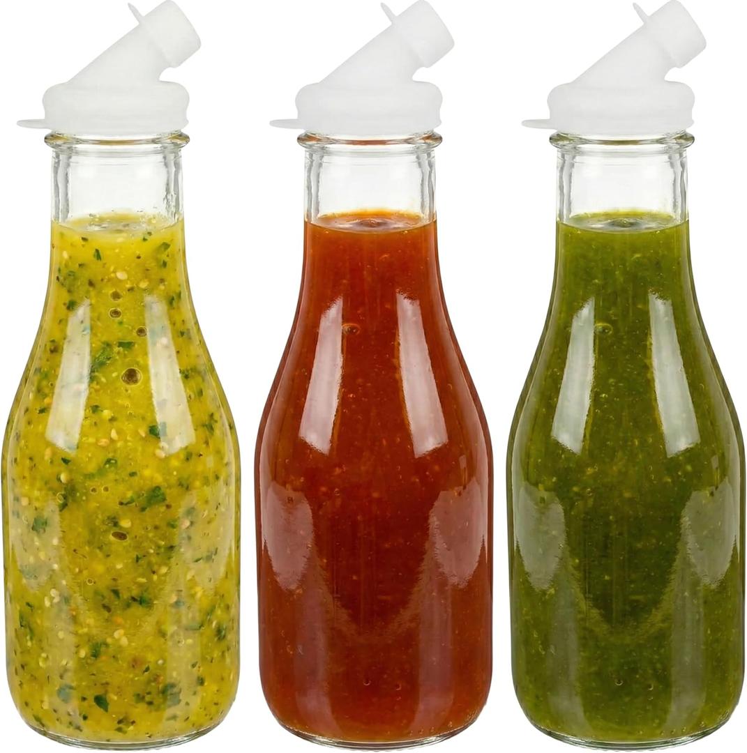 kitchentoolz 3 Pack  32oz Tall Glass Salad Dressing Shaker Bottles  Salad Dressing Dispenser Containers for Marinades, Sauces, and Oil Blends with Tamper-Proof Lids (White Spout)
