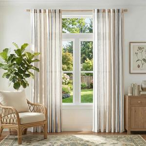 jinchan Linen Curtains for Living Room Striped Curtains Blue on Beige Thick Textured Light Filtering Drapes Bedroom Dining Room Coastal Rustic Farmhouse Cottage Core Style 2 Panels 84 Inches Back Tab
