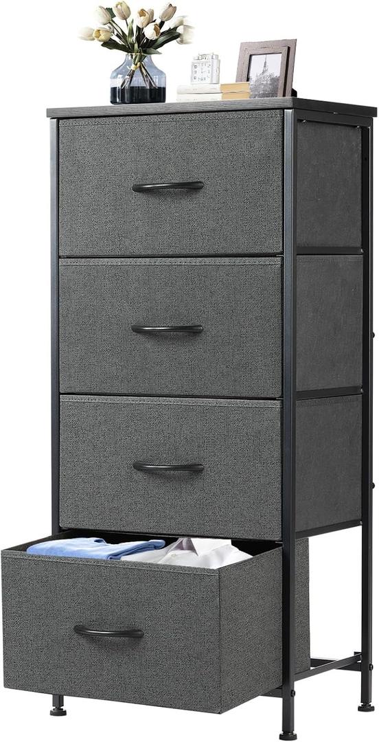 DUMOS Nightstand with 4 Drawers Bedside Table with Removable Fabric Bins Sturdy Steel Frame Wood Top Organizer Furniture for Bedroom Closet Living Room, 11.8"D x 17.7"W x 37.4"H