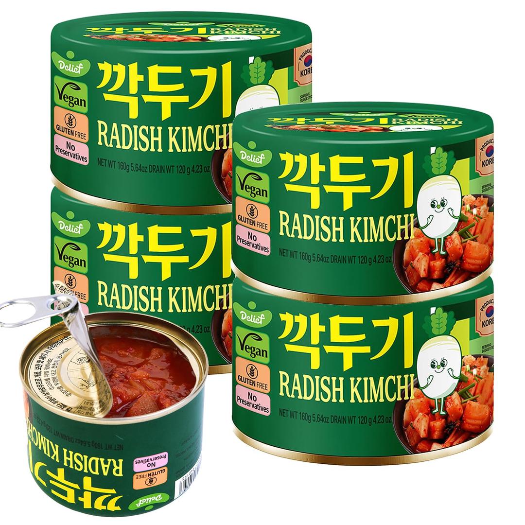 DELIEF Cubic Radish Kimchi - Authentic Korean Radish, Vegan, Gluten-Free, Shelf-Stable Canned, No Preservatives, 5.64 oz/160 g (4 Packs)