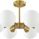 KCO Lighting Brushed Gold Sputnik Flush Mount Ceiling Light Mid Century Modern Overhead Ceiling Light 6-Lights Milk Glass Globe Semi Flush Mount Ceiling Light Fixture