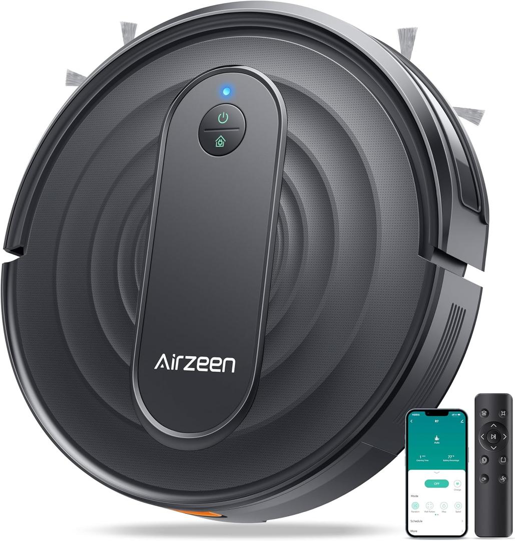 Airzeen Robot Vacuum - Robotic Vacuum Cleaner with Carpet Boost, 120Mins Max, Customized Cleaning, Vacuum Robot for Self-Charge, Remote/App/Alexa Control for Pet Hair/Hard Floor/Low-Pile Carpet, R7 (Medium, Black)