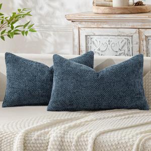 MIULEE Pack of 2 Lumbar Couch Throw Pillow Covers 20x12 Inch Coastal Navy Blue Modern Boho Accent Decorative Pillow Covers Soft Chenille Farmhouse Cushion Covers for Home Decor Bed Sofa Living Room