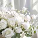 50 Pcs White Roses Artificial Flowers, Real Touch Velvet Roses Bouquet Fake Flowers Bulk, Artificial Roses with Long Stems for Birthday Gift Women Mom DIY Bridal Wedding Centerpiece Decorations