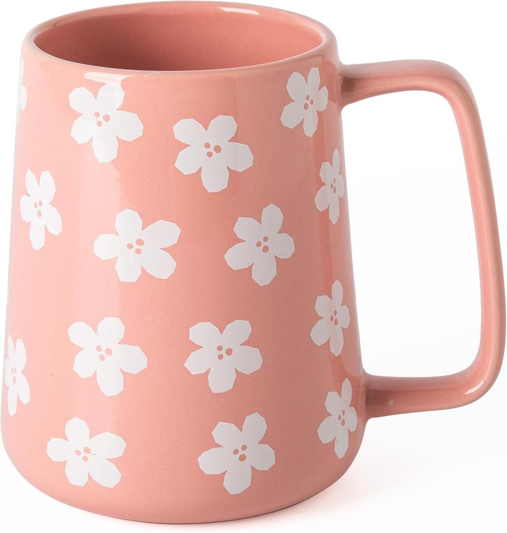 Ceramic Coffee mugs, 24 oz, Extra Large Mugs, Big Tea&Coffee Cups, Large Handle, Floral Pattern,Pottery Mugs,Wide Bottom Coffee Mug for Office/Home, Microwave and Dishwasher Safe. (Pink)