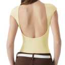 SUUKSESS Women Backless Y2k Short Sleeve Bodysuit Double Lined Boat Neck Open Back Sexy Basic Top (Pale Yellow, M)