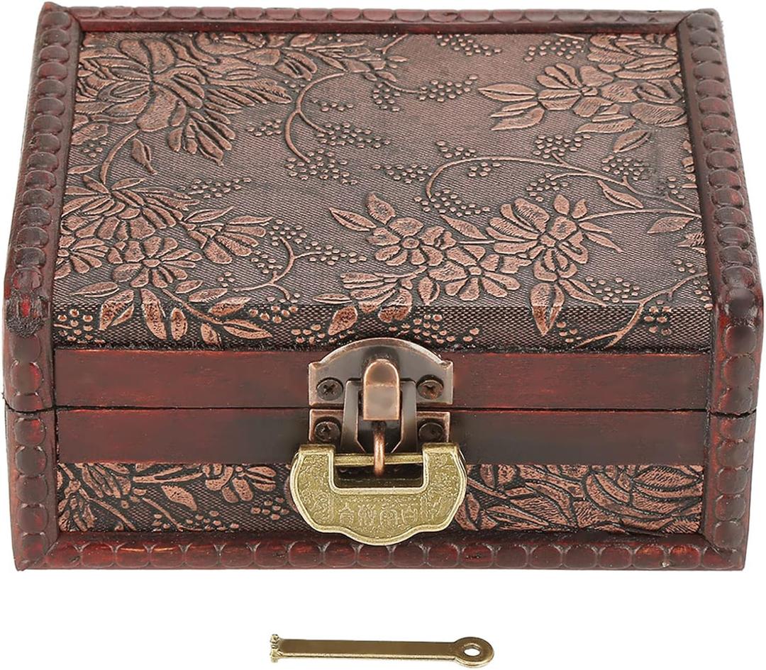 Vintage Wooden Storage Box with Lock and Key, Decorative Jewelry Treasure Organizer, Antique Style, 13.3 x 10 x 5.4cm