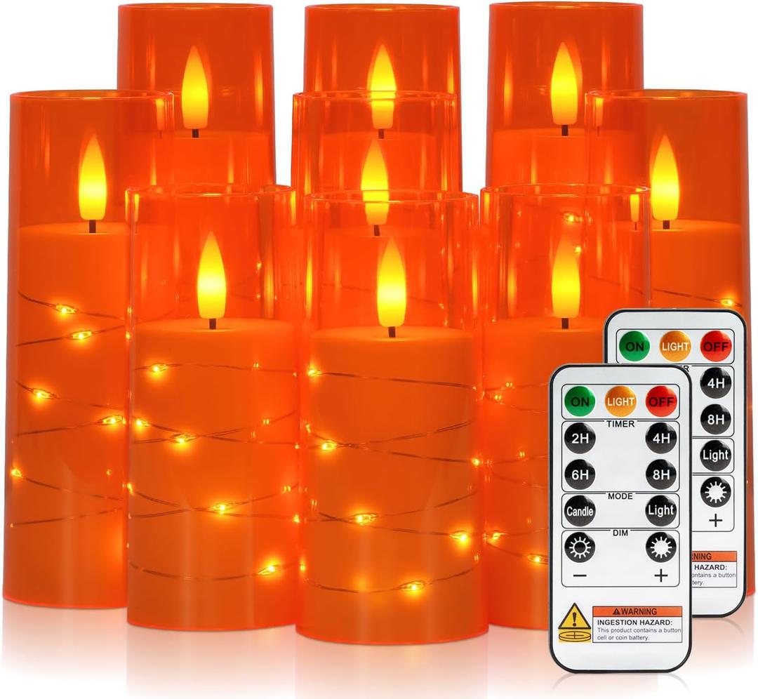 Raycare Flameless Candle with Remote Timer  9 Flickering Acrylic Battery Operated LED Pillar Candles with Embedded Star String for Halloween, Home Decor, and as a Gift (Orange)
