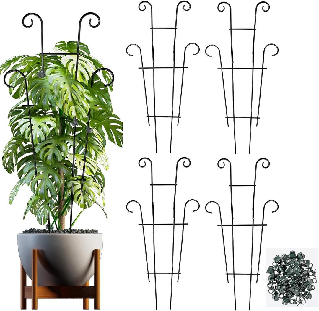 25.6 Inch Plant Trellis for Climbing Plants, 4 Pack Metal Garden Trellis for Potted Plants Indoor House Plant Climber Support Stakes with Plant Clips for Monstera Pothos Hoya Ivy Flower