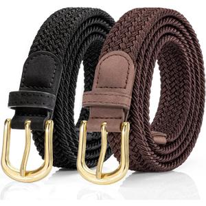 2 Pack Braided Belt for Women, Elastic Woven Stretch Fabric Cloth Belt with Gold Buckle (Brown)