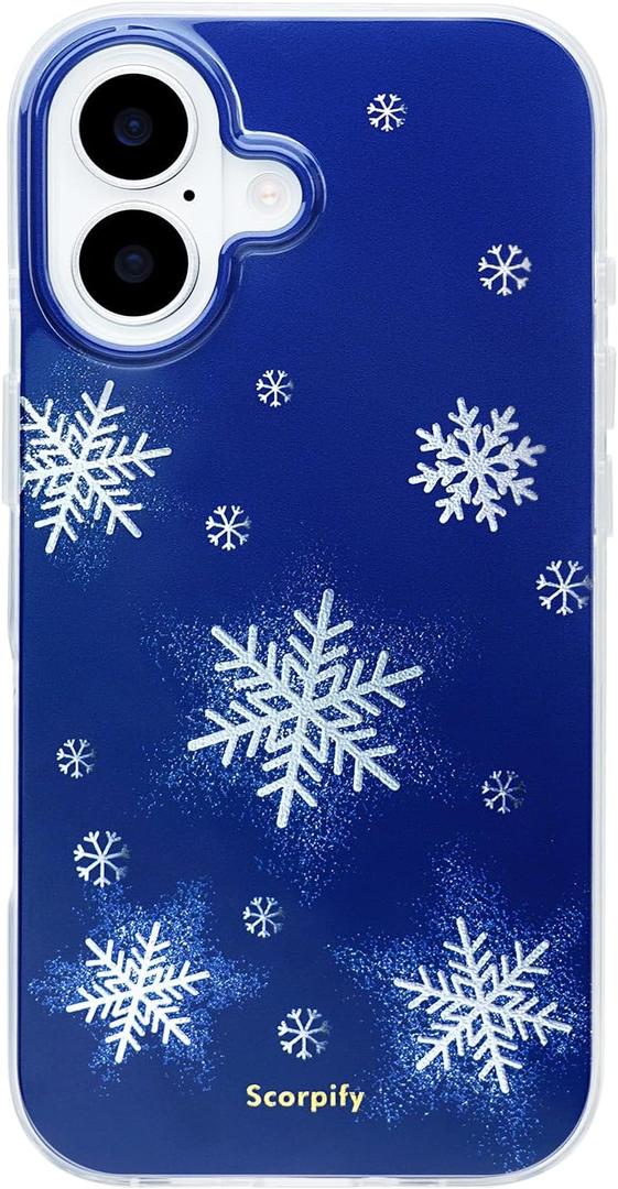 SCORPIFY for iPhone 17 Case [Compatible with MagSafe] with Christmas Frosted Night Design, Cute Blue Snowflake Magnetic Phone Cover Bumper for Women Girls, Glitter Sparkle Silver Accents