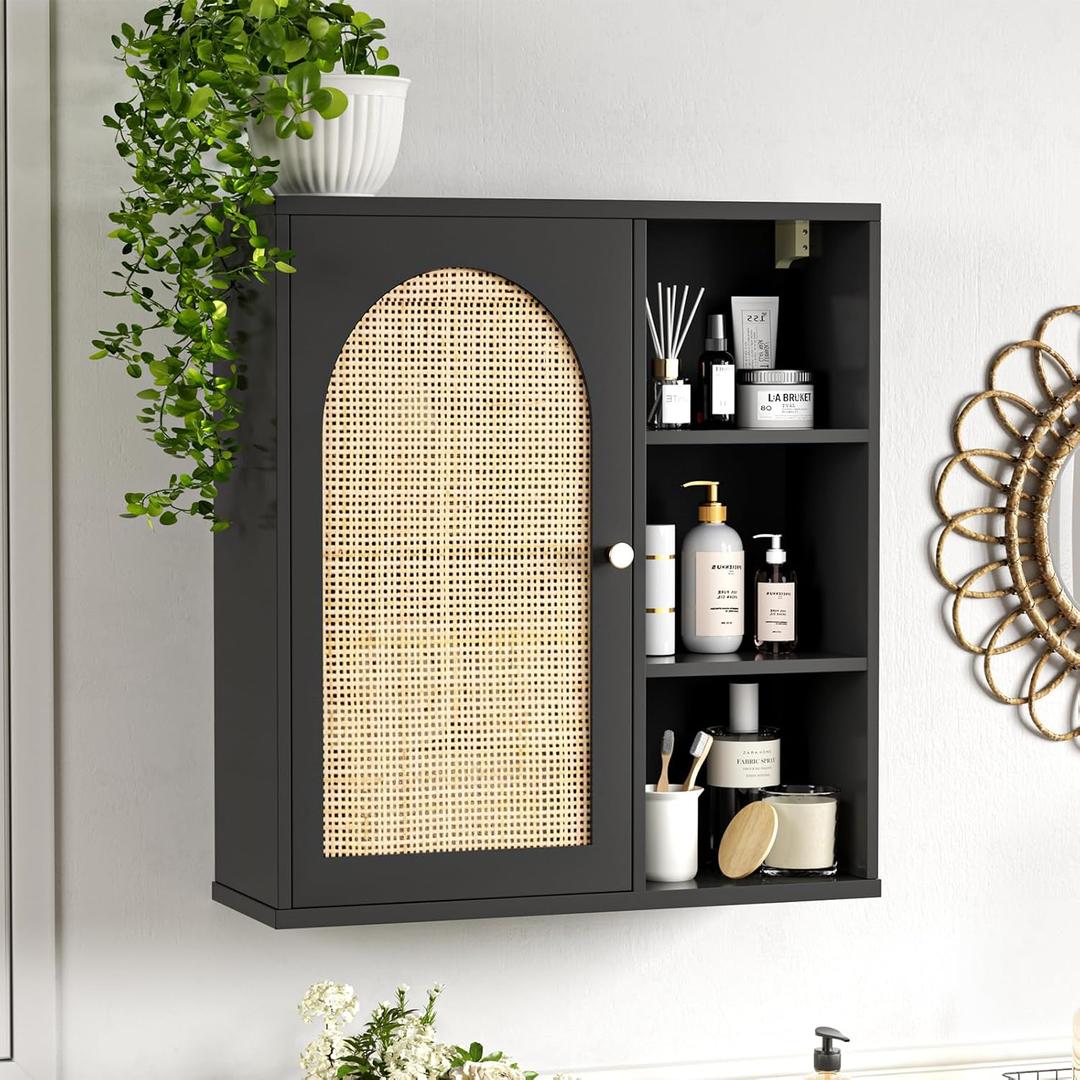 Rattan Bathroom Wall Cabinet, Boho Medicine Wall Cabinets with Door and Adjustable Shelves, Tall Kitchen Wall Mounted Storage Cabinet, Floating Hanging Cabinet Space Saver for Laundry Room,Black