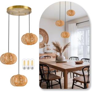 12" Boho Natural 3-Light Boho Chandeliers for Kitchen Island Hand-Woven Boho Rattan Chandeliers Dimmable Adjustable Hanging Chandelier for Dining Room Living Room HallywayBulb Incl.