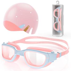 Kids Swim Goggles with Silicone Swim Cap, Swimming Goggles Cap Set for Kids 6-14, Anti-Fog Anti-UV for Boys Girls (Pink/Blue+pink Cap)