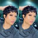 VRZ Short Pixie wigs for Black Women Pixie Cut Curly Human Hair Wig for Black Women Glueless Short Layered Pixie Cut Wigs With Bangs Natural Black Color for Daily Use
