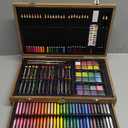 Sunnyglade 145 Piece Deluxe Art Set, Wooden Art Box & Drawing Kit with Crayons, Oil Pastels, Colored Pencils, Watercolor Cakes, Sketch Pencils, Paint Brush, Sharpener, Eraser, Color Chart (Tan)