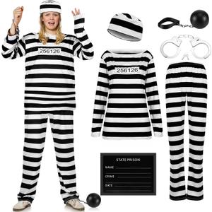 Eurzom 6 Pcs Prisoner Costume Women Striped Jail Adult Inmate Men Convict Costume for Halloween Party (Large)
