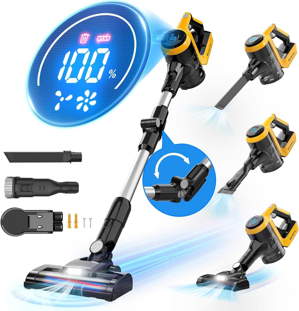 Ecarke Cordless Vacuum Cleaner Compatible with DeWalt 20V Battery, 30KPa 180 Bendable Wand 6 in 1 Lightweight Stick Vacuum smart screen 350W Brushless Motor Hardwood Floor Pet Hair Carpet(no battery)